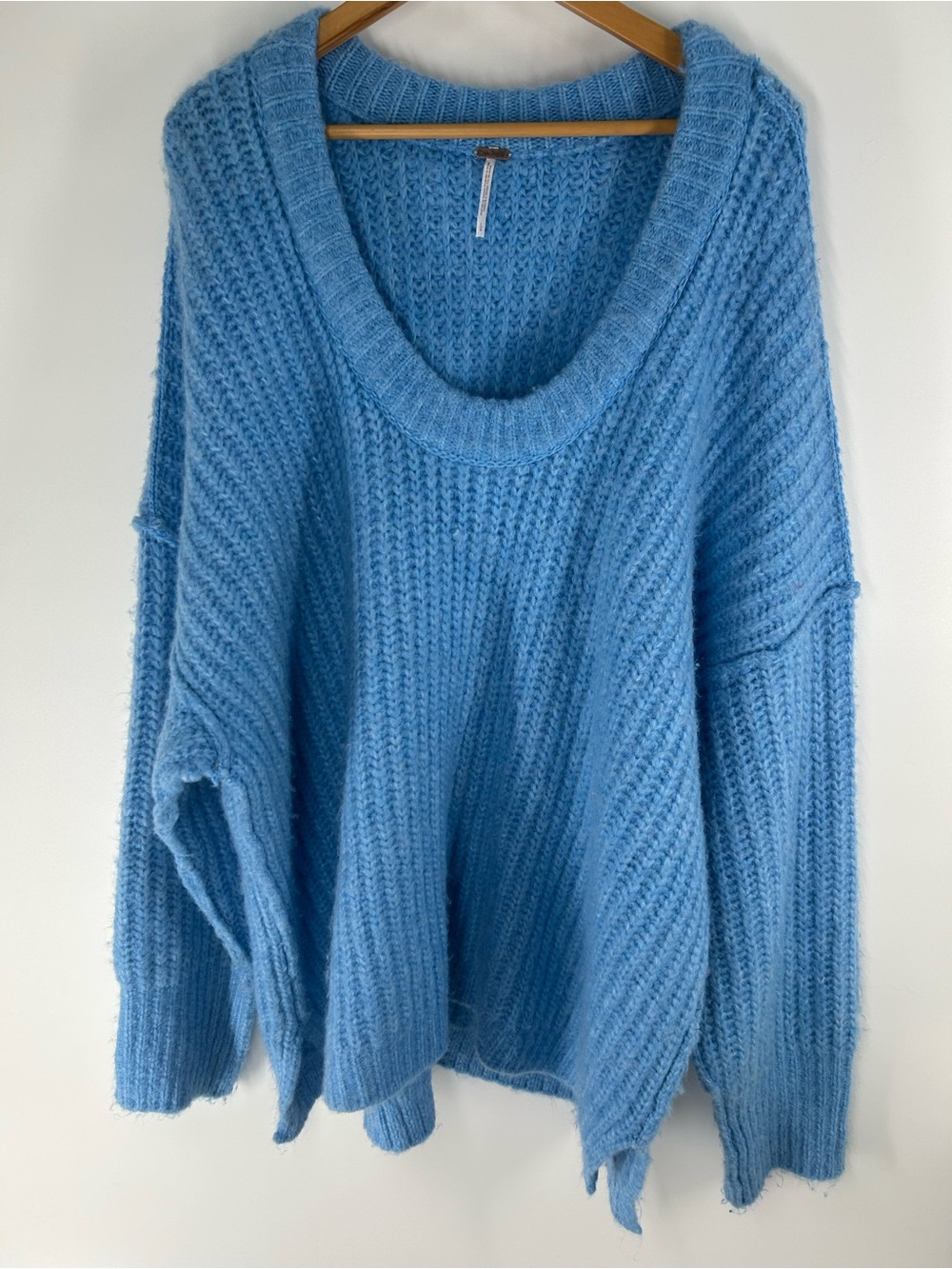 Free People Relaxed Scoop Neck Chunky Knit Sweater in Sky Blue